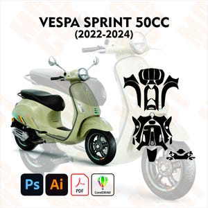 Op de afbeelding: Een lichtgroene Vespa Sprint 50CC scooter (2022-2024) met zwarte banden en zitting. De afbeelding toont ook een set zwarte stickers en pictogrammen voor Adobe Photoshop, Illustrator, PDF en CorelDRAW.