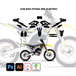 May include: An image of a Sur-Ron Storm Bee Electric motorcycle with a yellow and black design. The image also shows various black decals and icons for design software like Photoshop, Illustrator, PDF, and CorelDRAW.