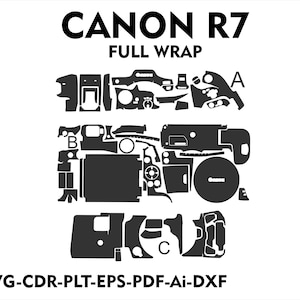 May include: A black and white diagram showing the different pieces of a Canon R7 camera skin wrap. The diagram is labeled with letters A, B, and C. The text "CANON R7 FULL WRAP" is at the top of the diagram. The text "SVG-CDR-PLT-EPS-PDF-Ai-DXF" is at the bottom of the diagram.