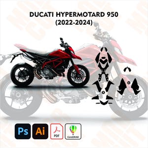 Könnte beinhalten: Ein rotes Ducati Hypermotard 950 Motorrad (2022-2024) wird gezeigt, mit einem Geisterbild desselben Motorrads dahinter. Schwarze Aufkleber sind rechts abgebildet. Software-Icons für Photoshop, Illustrator, PDF und CorelDRAW unten.