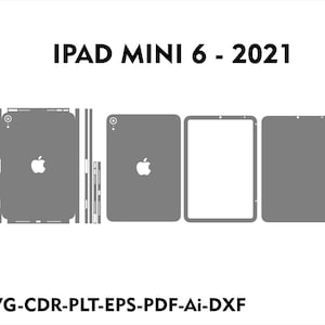 Pode incluir: Um modelo digital para um iPad Mini 6, modelo 2021. O modelo inclui uma vista frontal, traseira e lateral do dispositivo. O modelo é em cinza e branco e inclui o logotipo da Apple.