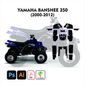 Peut inclure: Un quad Yamaha Banshee 350 bleu avec des autocollants noirs et le texte "YAMAHA BANSHEE 350 (2000-2012)". L'image comprend également des icônes pour Adobe Photoshop, Adobe Illustrator, PDF et CorelDRAW.