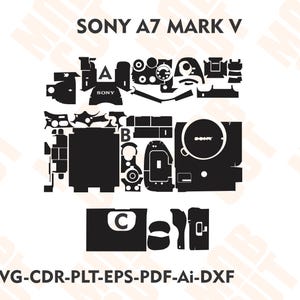 May include: Black and white graphic of a Sony A7 Mark V camera, broken down into individual parts. The image includes the text "SONY A7 MARK V" and "SVG-CDR-PLT-EPS-PDF-Ai-DXF". The camera parts are labeled with the letters A, B, and C.