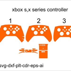 Puede incluir: Tres diseños de piel para mando Xbox Series X/S de color naranja con botones blancos. Los diseños están numerados del 1 al 3. El texto "xbox s,x series controller" está en la parte superior de la imagen. El texto "svg-dxf-plt-cdr-eps-ai" está en la parte inferior de la imagen.