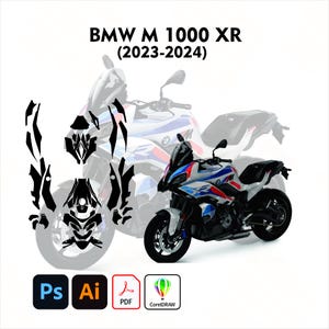 May include: A white, blue, and red BMW M 1000 XR motorcycle with black accents. The image includes a set of black decals and software icons for Photoshop, Illustrator, PDF, and CorelDRAW. Text on the image reads "BMW M 1000 XR (2023-2024)".