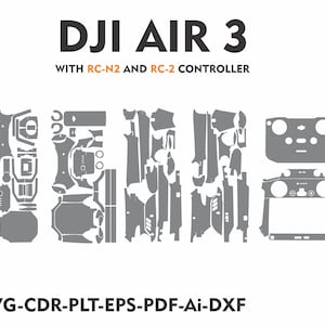 Könnte beinhalten: Ein Diagramm in Grau und Weiß, das die verschiedenen Teile einer DJI Air 3 Drohne und ihrer RC-N2 und RC-2 Controller zeigt. Der Text "DJI AIR 3" und "WITH RC-N2 AND RC-2 CONTROLLER" befindet sich oben im Bild. Der Text "SVG-CDR-PLT-EPS-PDF-Ai-DXF" befindet sich unten im Bild.