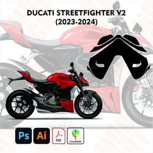 May include: A red Ducati Streetfighter V2 motorcycle with black accents is displayed. The image includes a black graphic overlay and the text "DUCATI STREETFIGHTER V2 (2023-2024)". Below are icons for Adobe Photoshop, Illustrator, PDF, and CorelDRAW.