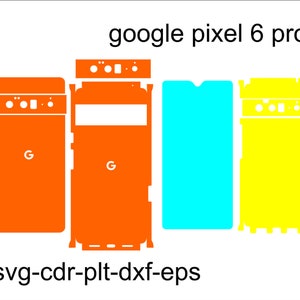 以下が含まれることがあります： Google Pixel 6 Pro の携帯電話ケース用のデジタルテンプレート。テンプレートは、電話の前面、背面、側面のセクションに分かれています。テンプレートはオレンジ、イエロー、ブルーです。