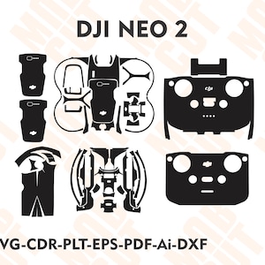 Può includere: Grafica in bianco e nero di skin per controller DJI NEO 2. L'immagine include varie forme ritagliate per il controller e i suoi componenti. Il testo in alto recita "DJI NEO 2". Il testo in basso recita "SVG-CDR-PLT-EPS-PDF-Ai-DXF".