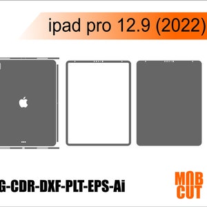May include: A graphic illustration of an iPad Pro 12.9 (2022) in gray, with a white Apple logo. The image includes outlines for cutting files in SVG, CDR, DXF, PLT, EPS, and AI formats. The Mob Cut logo is in the bottom right corner.
