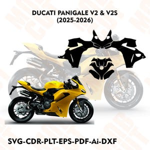 May include: A yellow Ducati Panigale V2 motorcycle with black accents is displayed, alongside a set of black cut-out templates. The text "DUCATI PANIGALE V2 & V2S (2025-2026)" is at the top, with file format options below.