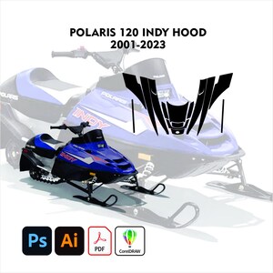 May include: A blue and black Polaris 120 Indy snowmobile with the text "INDY" on the side. The image also includes a black hood graphic and the text "POLARIS 120 INDY HOOD 2001-2023".