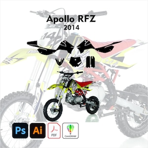 Puede incluir: Una moto de cross Apollo RFZ 2014 amarilla y roja con detalles en negro. La imagen incluye un conjunto de calcomanías negras e iconos para Adobe Photoshop, Adobe Illustrator, PDF y CorelDRAW.