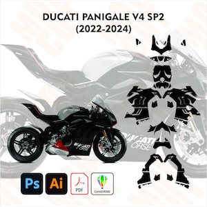 Może przedstawiać: Czarny motocykl Ducati Panigale V4 SP2 z czerwonymi akcentami i schemat czarnych naklejek. Tekst brzmi "DUCATI PANIGALE V4 SP2 (2022-2024)". Zawiera ikony dla programów Photoshop, Illustrator, PDF i CorelDRAW.