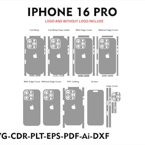 Könnte beinhalten: Ein Diagramm, das verschiedene iPhone 16 Pro Displayschutzoptionen zeigt, darunter Vollverklebung, einfache Installation, mit Kantenabdeckung, ohne Kantenabdeckung, PPF-Schneiden, Bildschirm und Kantenabdeckung. Der Text "IPHONE 16 PRO" und "LOGO AND WITHOUT LOGO INCLUDE" befindet sich oben im Bild. Der Text "SVG-CDR-PLT-EPS-PDF-Ai-DXF" befindet sich unten im Bild.