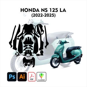 Könnte beinhalten: Ein türkisfarbener Honda NS 125 LA-Roller mit schwarzem Sitz und Rädern sowie eine schwarze Silhouette der Rollerteile. Der Text "HONDA NS 125 LA (2022-2025)" steht oben. Software-Symbole unten.