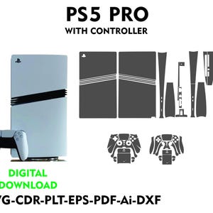 May include: A digital download of a PS5 Pro console and controller skin design. The design is in black and white and includes the PlayStation logo. The text "PS5 Pro" and "With Controller" is displayed above the design. The text "Digital Download" and "SVG-CDR-PLT-EPS-PDF-Ai-DXF" is displayed below the design.