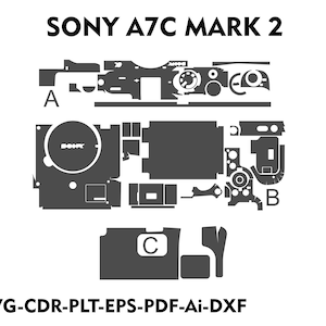 May include: A black and white diagram showing the different parts of a camera skin for the Sony A7C Mark 2 camera. The diagram is labeled with letters A, B, and C.