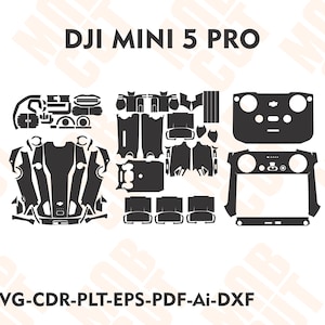 May include: Black cut-out templates for a DJI Mini 5 Pro drone, including parts for the body, controller, and battery. The image includes the text "DJI MINI 5 PRO" and file type formats "SVG-CDR-PLT-EPS-PDF-Ai-DXF".