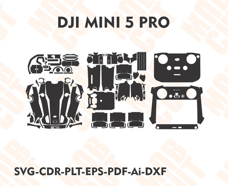 May include: Black cut-out templates for a DJI Mini 5 Pro drone, including parts for the body, controller, and battery. The image includes the text "DJI MINI 5 PRO" and file type formats "SVG-CDR-PLT-EPS-PDF-Ai-DXF".