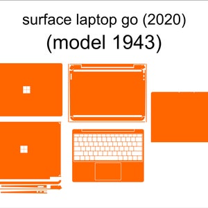 May include: Orange laptop skin set for Surface Laptop Go (2020) model 1943. Includes top, bottom, keyboard, and side panel skins. The skins are orange with white outlines and a white Microsoft logo.