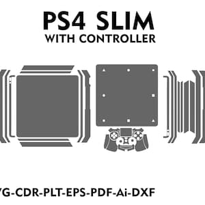 Może przedstawiać: Szary zarys konsoli PS4 Slim i kontrolera. Tekst "PS4 SLIM" i "WITH CONTROLLER" znajduje się nad obrazem. Tekst "SVG-CDR-PLT-EPS-PDF-Ai-DXF" znajduje się pod obrazem.