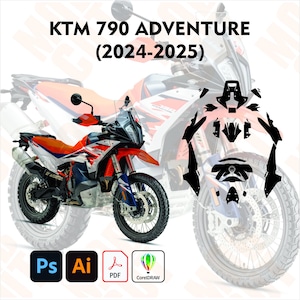 Könnte beinhalten: Ein KTM 790 Adventure Motorrad mit orangefarbenen, weißen und blauen Akzenten. Das Bild zeigt das Motorrad und eine separate Grafik mit schwarzen Aufklebern. Der Text auf dem Bild lautet "KTM 790 ADVENTURE (2024-2025)".