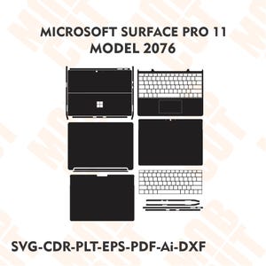 May include: A black vector template of the Microsoft Surface Pro 11 Model 2076, featuring outlines for the tablet, keyboard, and stylus. The text reads MICROSOFT SURFACE PRO 11 MODEL 2076 and SVG-CDR-PLT-EPS-PDF-Ai-DXF, showing various device components.