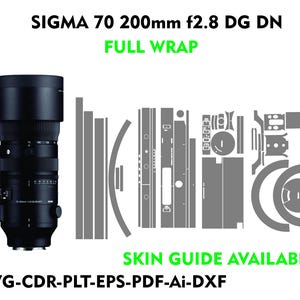 Könnte beinhalten: Ein schwarzes Sigma 70-200 mm f2.8 DG DN Objektiv mit einem vollständigen Skin-Kit. Das Kit enthält eine Vielzahl von Formen und Größen, um das gesamte Objektiv abzudecken. Der Skin-Guide ist in den Formaten SVG, CDR, PLT, EPS, PDF, Ai und DXF verfügbar.