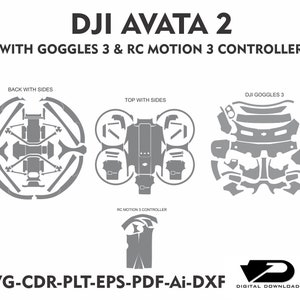 May include: A digital design for a DJI Avata 2 drone, including goggles and controller, with various component outlines. The image includes the text "DJI AVATA 2" and file format options: SVG, CDR, PLT, EPS, PDF, Ai, and DXF.