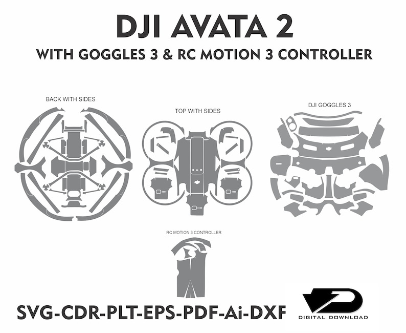 Op de afbeelding: Een digitaal ontwerp voor een DJI Avata 2 drone, inclusief bril en controller, met verschillende componentcontouren. De afbeelding bevat de tekst "DJI AVATA 2" en bestandsformaten: SVG, CDR, PLT, EPS, PDF, Ai en DXF.
