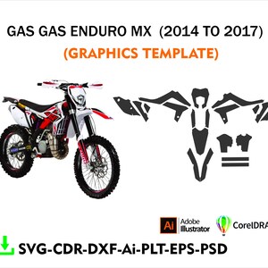 Puede incluir: Una motocicleta Gas Gas Enduro MX roja, blanca y negra con una plantilla de gráficos. La imagen incluye el texto "GAS GAS ENDURO MX (2014 TO 2017)" y "(GRAPHICS TEMPLATE)". También se incluyen iconos de formato de archivo.