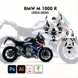 May include: A black, blue, and white BMW M 1000 R motorcycle with the text "BMW M 1000 R (2023-2024)". The image also includes black decals and icons for Adobe Photoshop, Adobe Illustrator, PDF, and CorelDRAW.