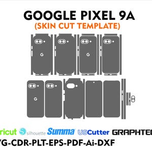 May include: A template for a Google Pixel 9A skin cut, featuring multiple gray phone outlines with the Google logo. The text "GOOGLE PIXEL 9A" and "(SKIN CUT TEMPLATE)" are displayed at the top. The bottom includes logos and file type information.