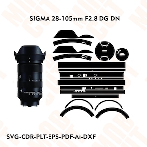 Może przedstawiać: Czarny obiektyw Sigma 28-105mm F2.8 DG DN z różnymi czarnymi akcesoriami. Tekst "SIGMA 28-105mm F2.8 DG DN" jest wyświetlany na górze, a "SVG-CDR-PLT-EPS-PDF-Ai-DXF" na dole.