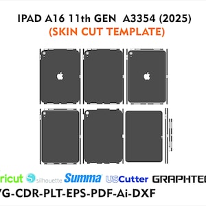 May include: A template for an iPad A16 11th Gen A3354 (2025) skin cut. The image shows several dark gray outlines of the iPad, including the front, back, and sides. The Apple logo is visible on some. Text includes "IPAD A16 11th GEN A3354 (2025)" and "(SKIN CUT TEMPLATE)".
