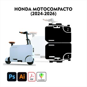 Op de afbeelding: Een witte Honda Motocompacto elektrische scooter met een bruin zadel en stuur. De scooter heeft zwarte accenten en wordt getoond met een zwart silhouet en ontwerpsoftware-pictogrammen. De tekst "HONDA MOTOCMPACTO (2024-2026)" staat bovenaan.