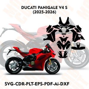 May include: A red Ducati Panigale V4 S motorcycle with black accents is displayed. A set of black cut-out shapes, possibly for customization, is shown. The text "DUCATI PANIGALE V4 S (2025-2026)" and file type options are also visible.