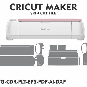 Könnte beinhalten: Eine weiße Cricut Maker Schneidemaschine mit einem rosafarbenen Deckel. Die Maschine wird mit einem Satz grauer Ausschneidevorlagen zur Anpassung des Äußeren der Maschine gezeigt. Der Text "Cricut Maker" und "Skin Cut File" wird über der Maschine angezeigt. Der Text "SVG-CDR-PLT-EPS-PDF-Ai-DXF" wird unter der Maschine angezeigt.