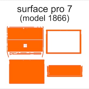 May include: Orange outline of a Microsoft Surface Pro 7 laptop, model 1866, with a screen, keyboard, and trackpad. The outline is a template for a skin or decal.