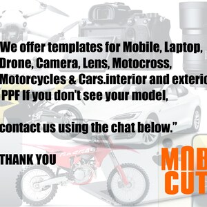 Op de afbeelding: Afbeelding met diverse voertuigen en technische apparaten, waaronder een drone, camera, motorfiets en auto. Tekstoverlay luidt: "We bieden sjablonen voor Mobiel, Laptop, Drone, Camera, Lens, Motocross, Motoren & Auto's..." en "MOB CUT".