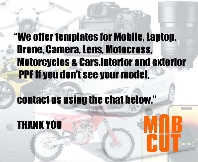 Op de afbeelding: Afbeelding met diverse voertuigen en technische apparaten, waaronder een drone, camera, motorfiets en auto. Tekstoverlay luidt: "We bieden sjablonen voor Mobiel, Laptop, Drone, Camera, Lens, Motocross, Motoren & Auto's..." en "MOB CUT".