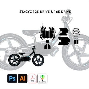 Può includere: Una bici senza pedali elettrica STACYC 16E-DRIVE nera con ruote e pneumatici neri. L'immagine include modelli di design e il testo "STACYC 12E-DRIVE & 16E-DRIVE". Sono presenti anche icone software per Photoshop, Illustrator, PDF e CorelDRAW.