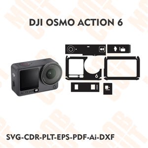 Pode incluir: Uma câmara DJI Osmo Action 6 cinzento-escura com lente circular e ecrã frontal, acompanhada por um conjunto de modelos de vinil adesivo preto de várias formas para o dispositivo, com o texto DJI OSMO ACTION 6 e SVG-CDR-PLT-EPS-PDF-Ai-DXF.