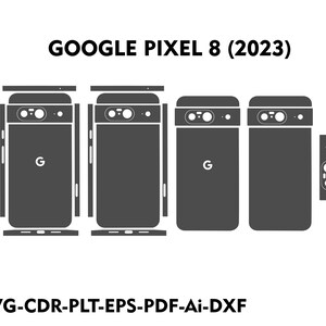 Può includere: Un contorno in bianco e nero di un telefono Google Pixel 8 con il testo "GOOGLE PIXEL 8 (2023)" sopra il telefono e "SVG-CDR-PLT-EPS-PDF-Ai-DXF" sotto il telefono.