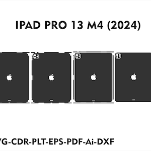 Könnte beinhalten: Eine Schwarzweißillustration einer Schablone für einen Displayschutz für ein iPad Pro 13 M4 (2024). Die Schablone enthält Ausschnitte für die Kamera, das Mikrofon und die Lautsprecher.