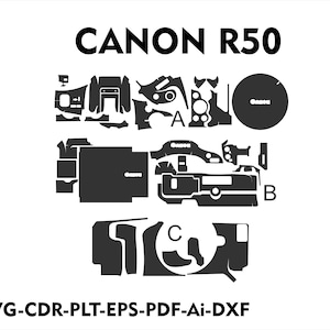 Könnte beinhalten: Ein Schwarzweißdiagramm, das die verschiedenen Teile einer Canon R50 Kamera zeigt. Das Diagramm enthält Beschriftungen für jedes Teil, wie z. B. "A", "B" und "C".