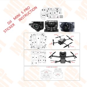 May include: A white sticker sheet with diagrams and the text "DJI MINI 5 PRO INSTRUCTION STICKER" in red. The diagrams show drone components, including the gimbal camera section and the drone itself.