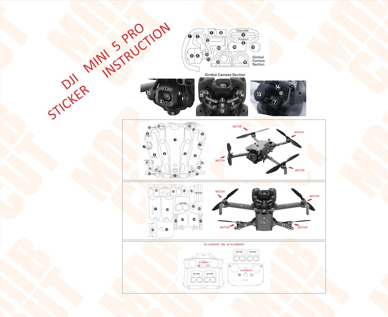 May include: A white sticker sheet with diagrams and the text "DJI MINI 5 PRO INSTRUCTION STICKER" in red. The diagrams show drone components, including the gimbal camera section and the drone itself.