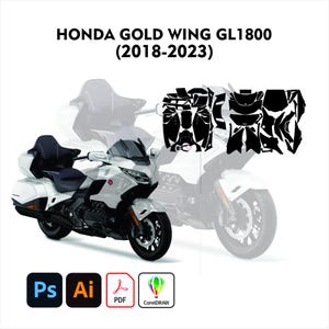 Op de afbeelding: Een witte Honda Gold Wing GL1800 motorfiets (2018-2023) wordt getoond, met een zwart-witte grafische overlay. De afbeelding bevat pictogrammen voor Adobe Photoshop, Adobe Illustrator, PDF en CorelDRAW.